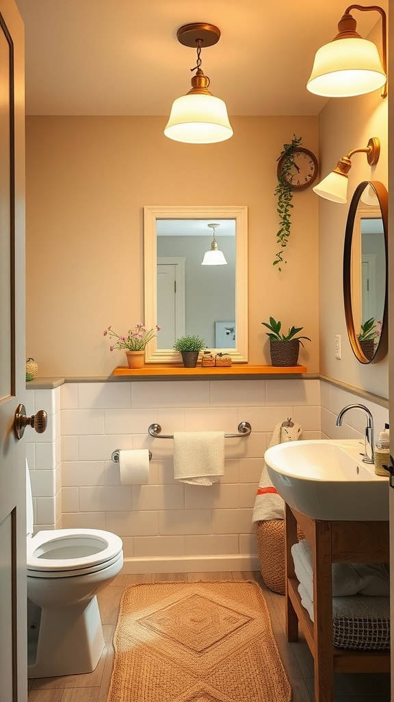 A well-lit kids bathroom with bright pendant lights and natural decor.