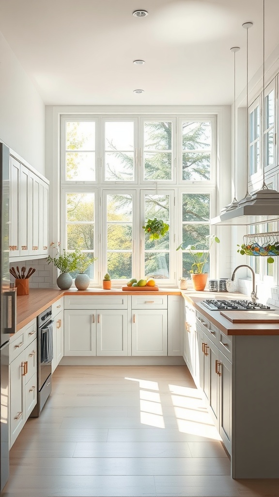 A bright kitchen with large windows, white cabinets, wooden countertops, and houseplants.