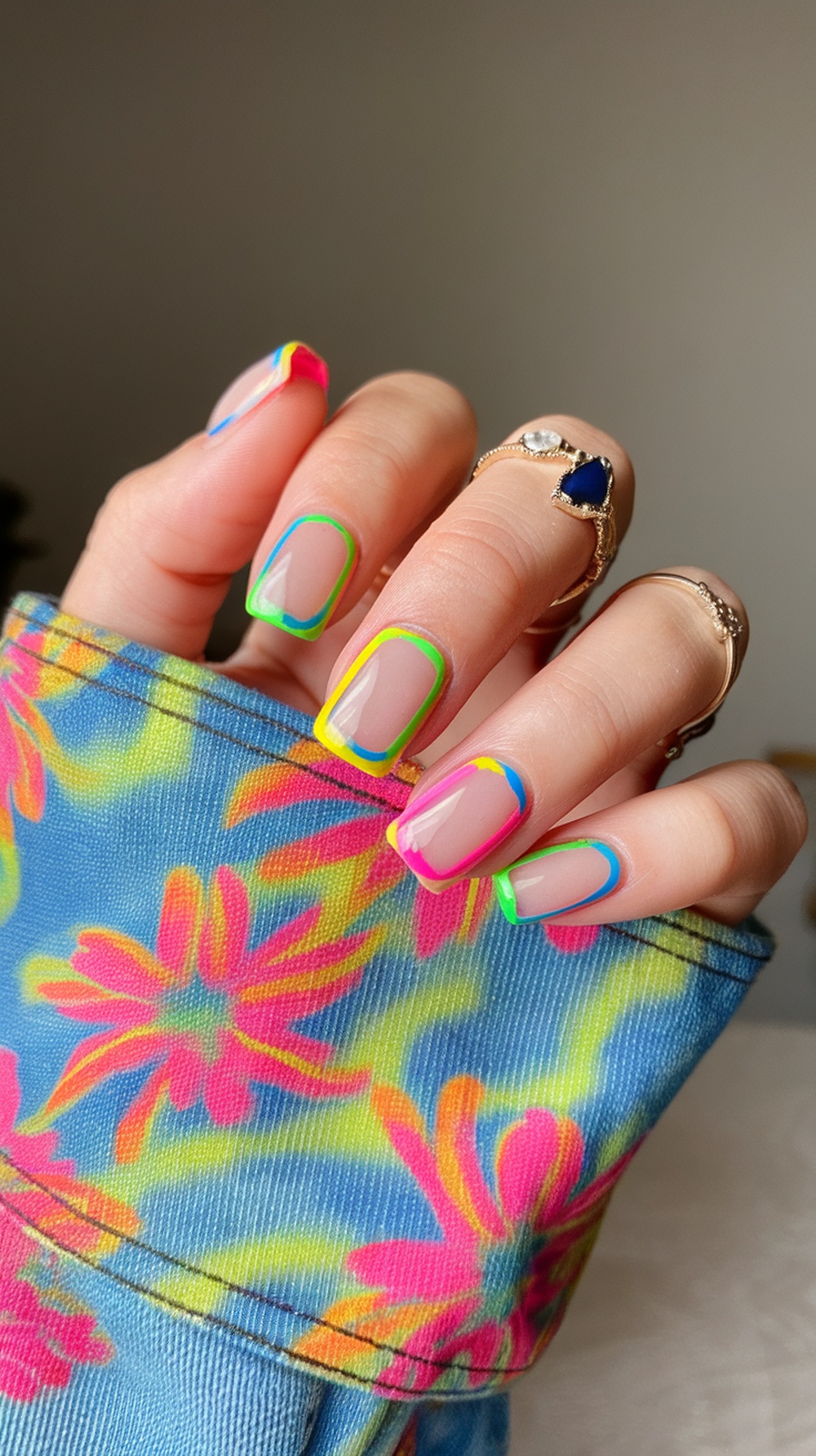 Bright neon square tip nails with colorful outlines