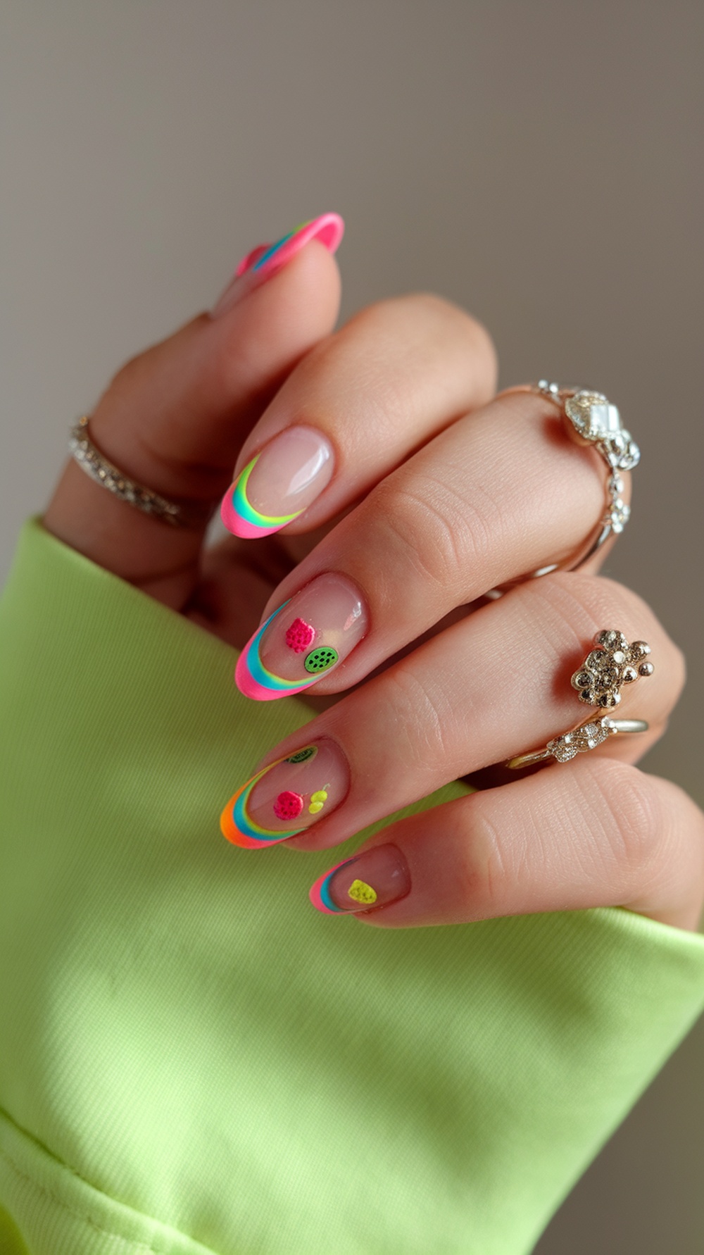 Short nails with bright neon tips and fruit designs
