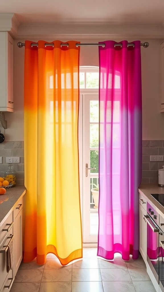 Bright ombre curtains in a kitchen, transitioning from orange to pink.