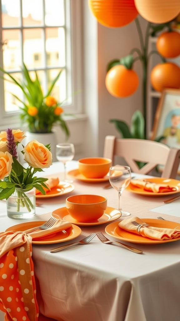 Bright orange themed table setting for a baby shower, featuring orange plates, bowls, and floral arrangements.
