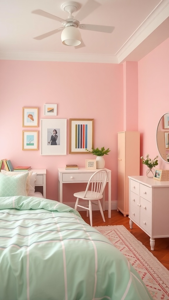 A bright pastel-themed bedroom featuring pink walls and mint green bedding.