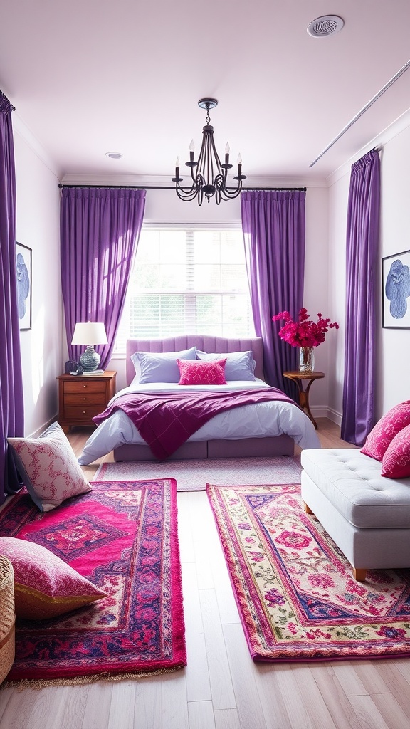 A bright purple-themed bedroom with elegant curtains, cozy bedding, and decorative rugs.