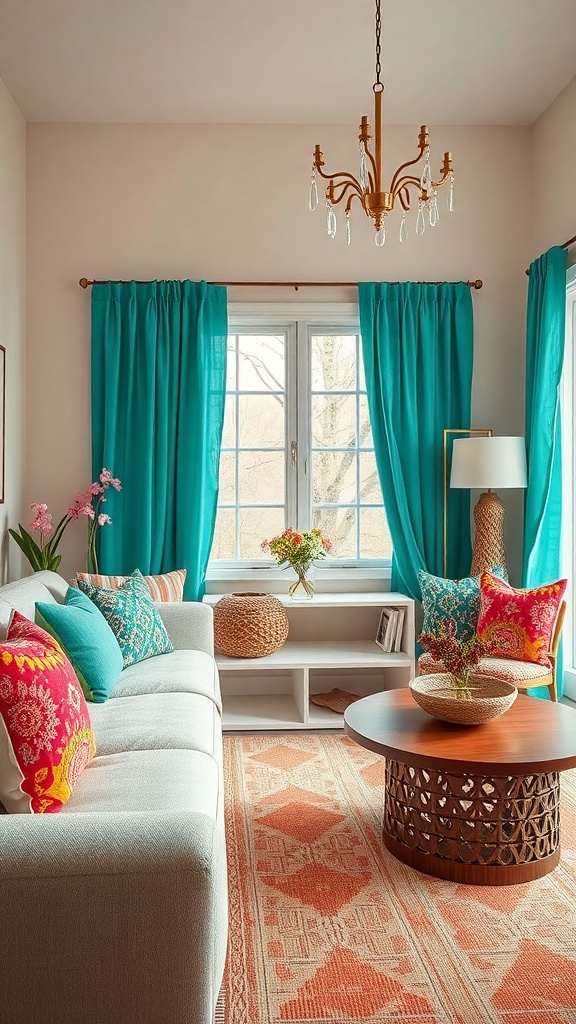 A bright and inviting boho living room featuring turquoise curtains, colorful cushions, and a patterned rug.