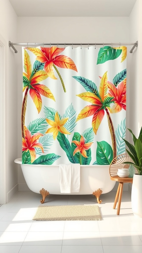 A bright tropical shower curtain featuring large flowers and green leaves in a modern bathroom setting.