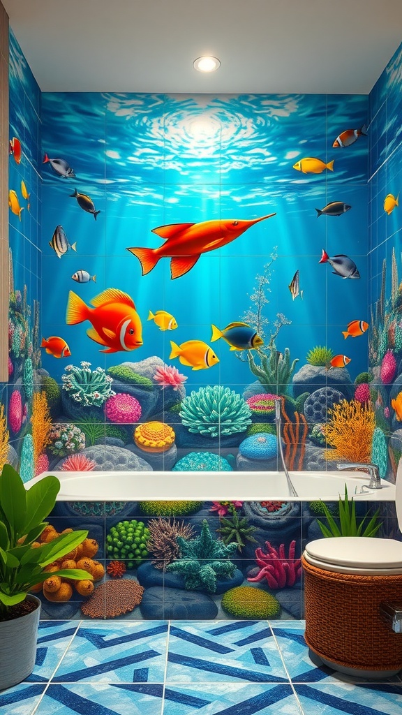 A colorful underwater mural in a kids bathroom featuring vibrant fish and coral.