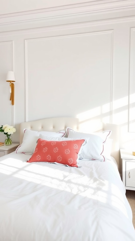 A bright and inviting bedroom with bright white bedding and a coral accent pillow.