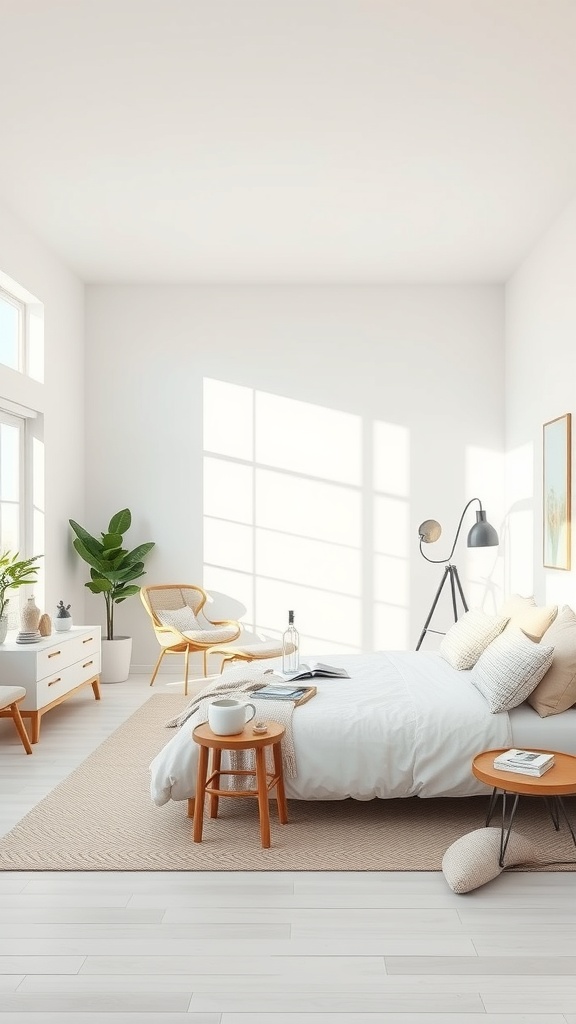 A bright white living room with natural light, light wood furniture, and plants.