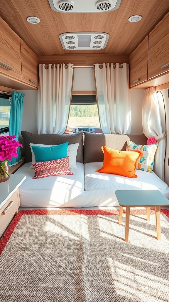 Cozy RV interior with colorful pillows and flowers, showcasing a bright and inviting atmosphere.