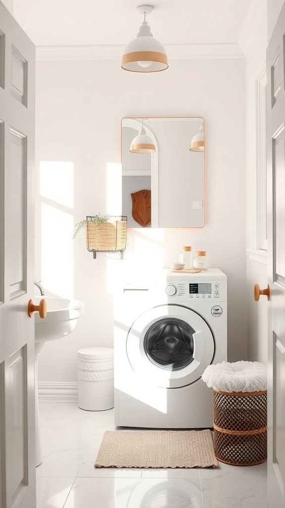 A bright and airy laundry room featuring light colors, a mirror, and stylish decor.