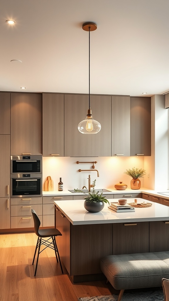 A modern kitchen with a stylish pendant light above the island, showcasing sleek cabinetry and warm lighting.
