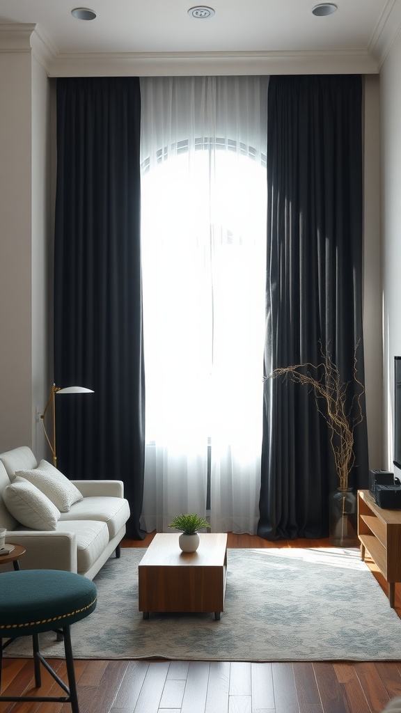 Living room with black curtains and bright sunlight filtering through a large window.