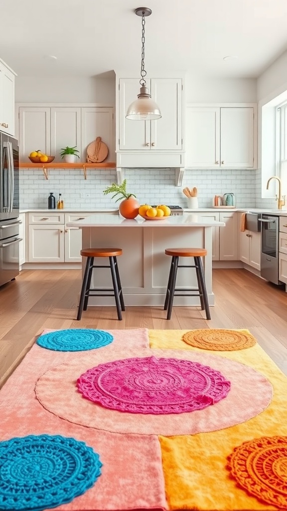 A kitchen with a brightly colored accent rug featuring circular designs in pink, orange, and blue.