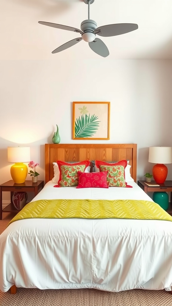 Tropical bedroom with colorful accessories and a bright design