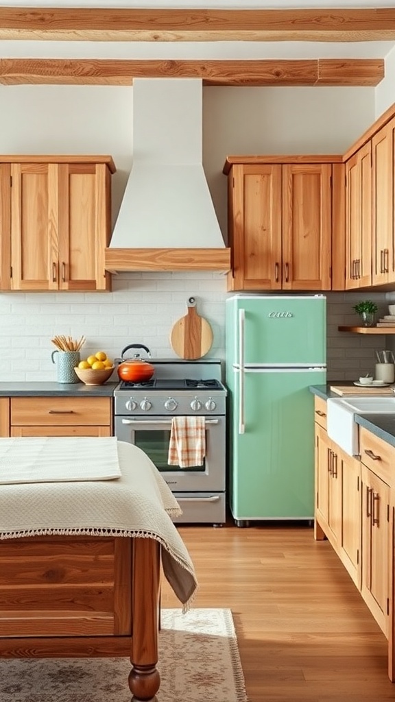 A rustic farmhouse kitchen featuring a mint green refrigerator, wooden cabinets, and a sleek stove.