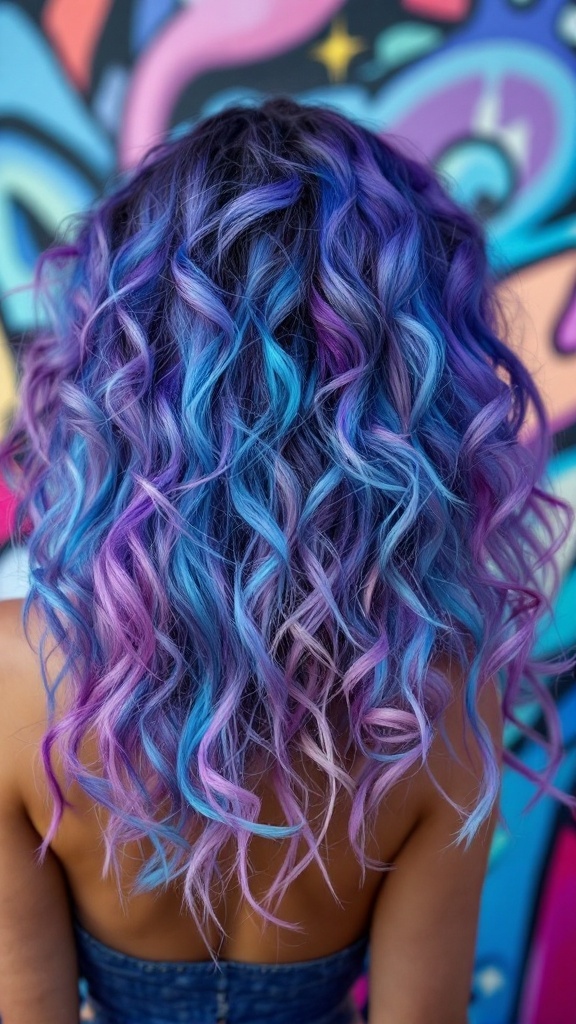 A vibrant hairstyle featuring medium-length curly hair in shades of blue and purple.