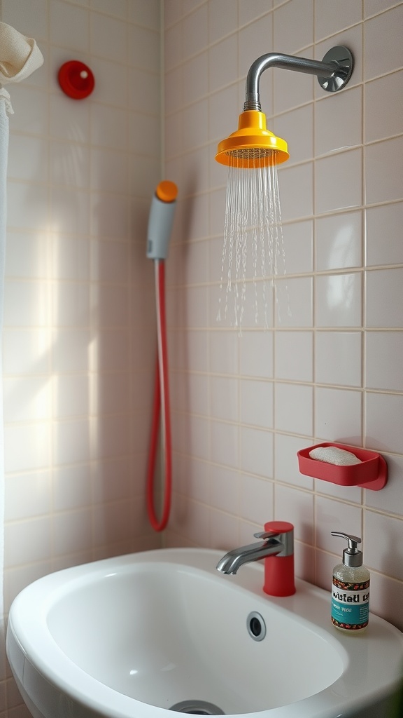 A bright yellow shower head with colorful bathroom fixtures in a toddler-friendly space.