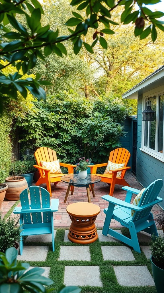 A small backyard with brightly colored patio furniture including orange and blue chairs around a glass table.