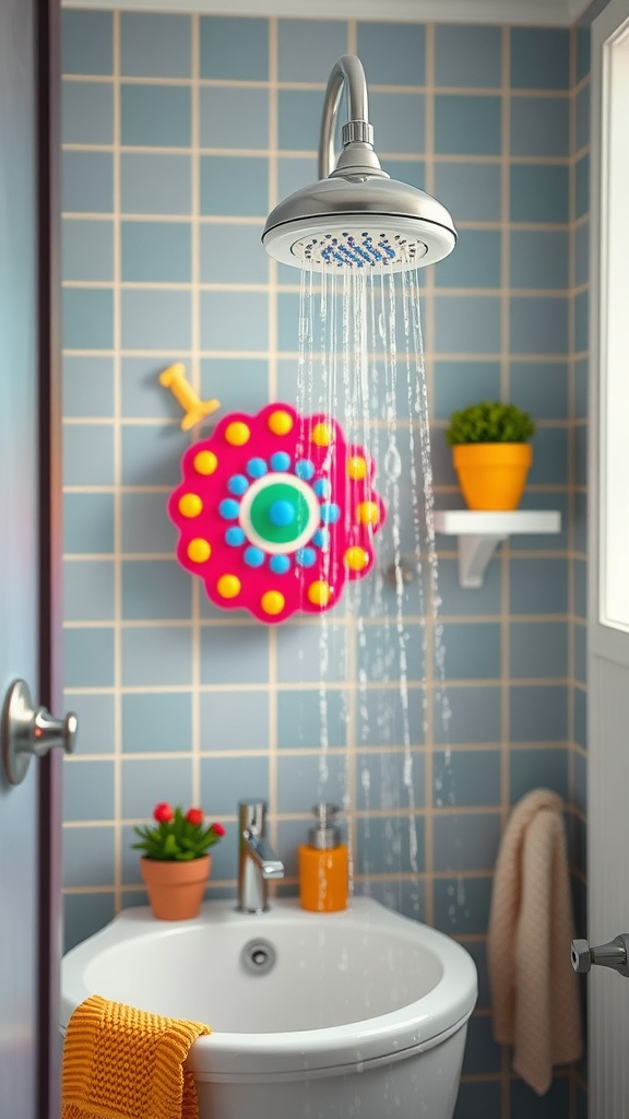 A colorful showerhead in a kids' bathroom with playful decor elements