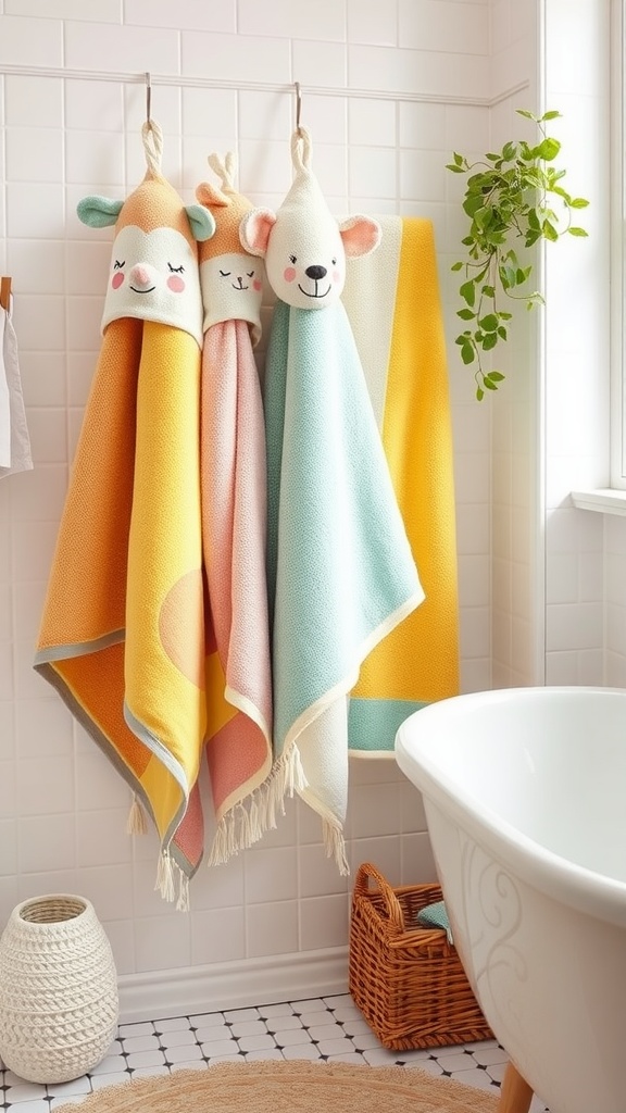 Brightly colored towels in a kids' bathroom with playful animal designs and vibrant hues.