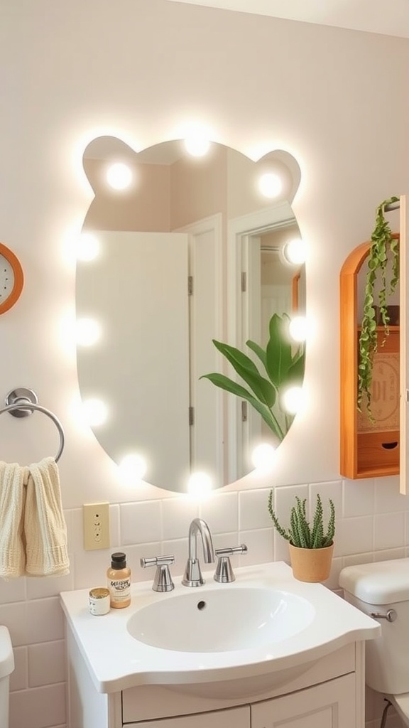 A bear-shaped mirror with bright lights in a toddler's bathroom, adding a playful touch.