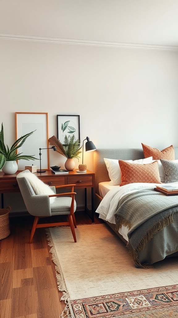 A cozy bedroom office combo featuring a comfortable bed, stylish desk, chair, and natural elements.