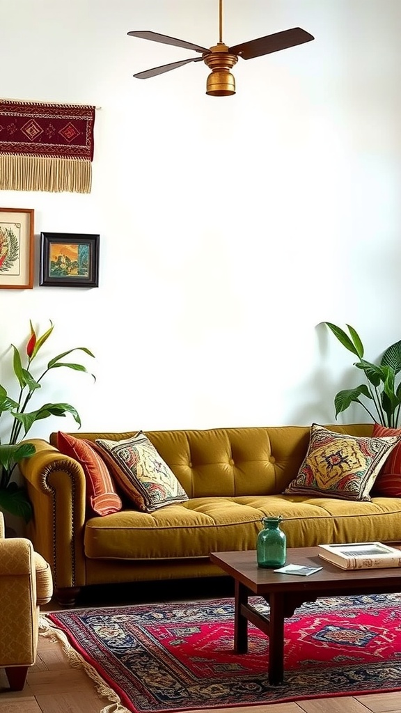 A living room featuring an olive green couch, colorful cushions, a decorative rug, and cultural elements like artwork and plants.
