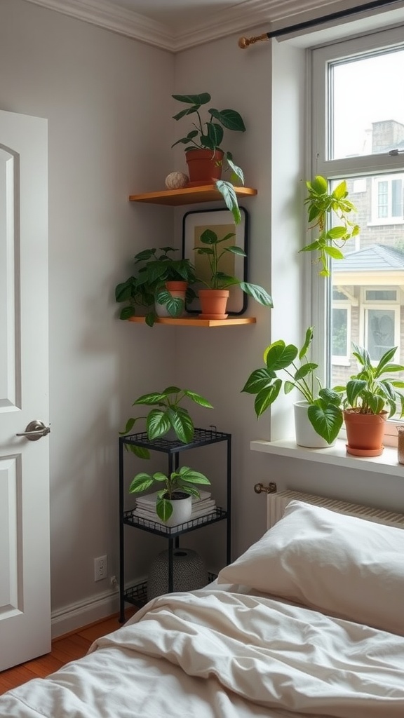 A cozy small guest bedroom with plants on shelves and a stand, decorated in neutral tones.