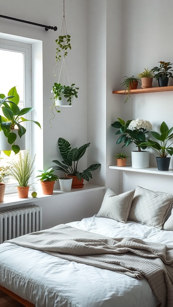 A cozy bedroom with various indoor plants on the windowsill and shelves, featuring a bed with neutral bedding.