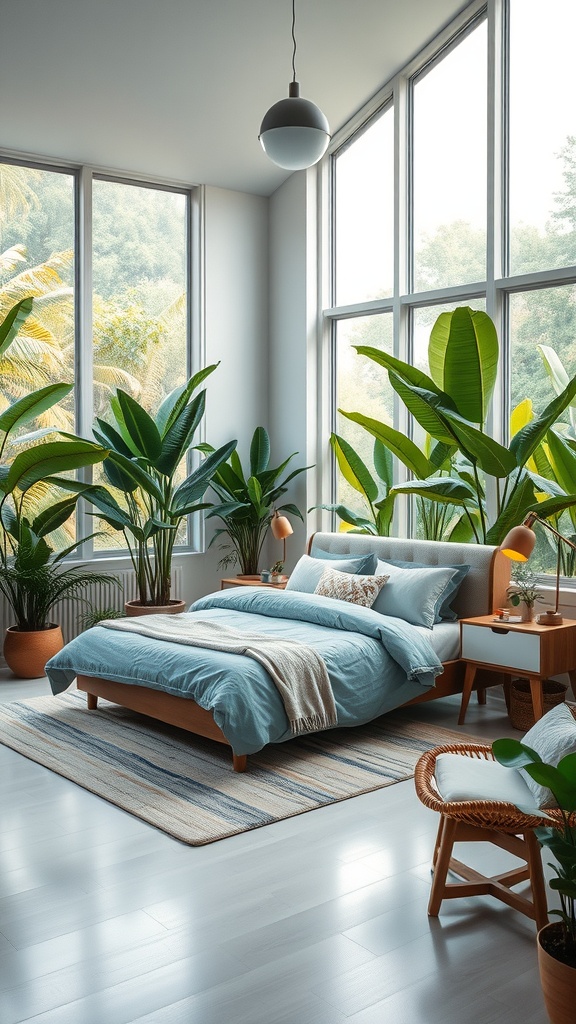A bright bedroom with large windows, featuring blue bedding and various indoor plants.
