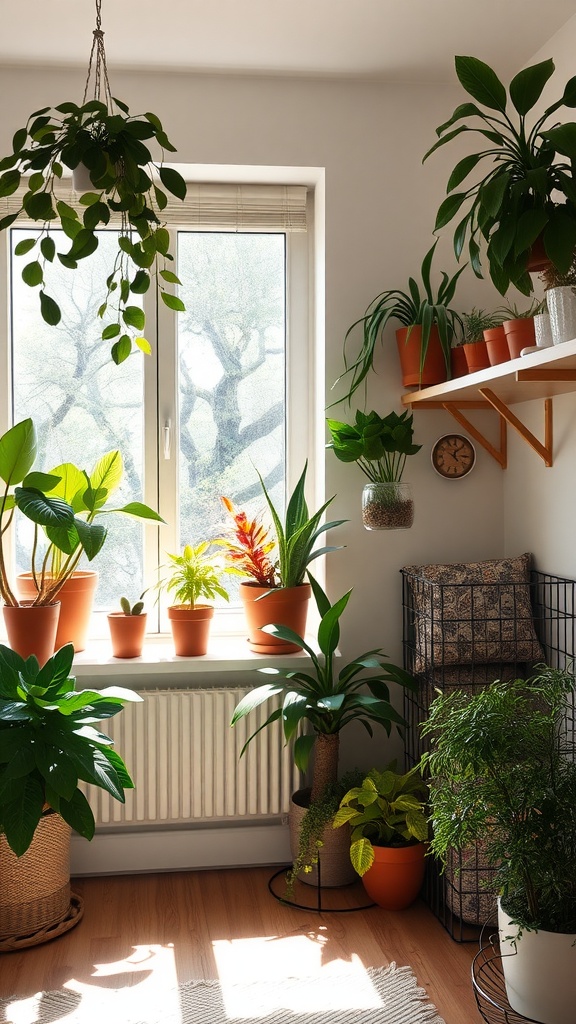 A bright Scandinavian-inspired bedroom filled with various indoor plants near a window