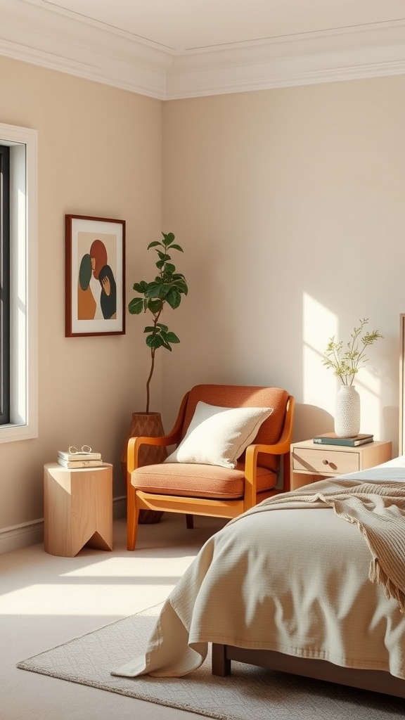 A cozy beige and brown bedroom featuring a brown accent chair, a small side table, and decorative elements.