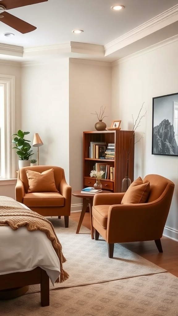 Cozy brown accent chairs in a beige bedroom setting