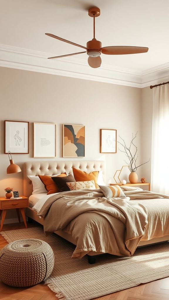 A cozy bedroom featuring a beige and brown color palette with a plush bed, decorative pillows, and warm lighting.