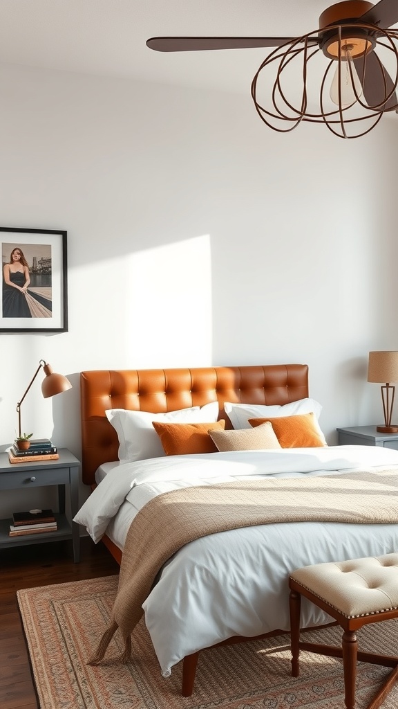 A cozy bedroom featuring a brown leather headboard, soft white bedding, and warm accents.