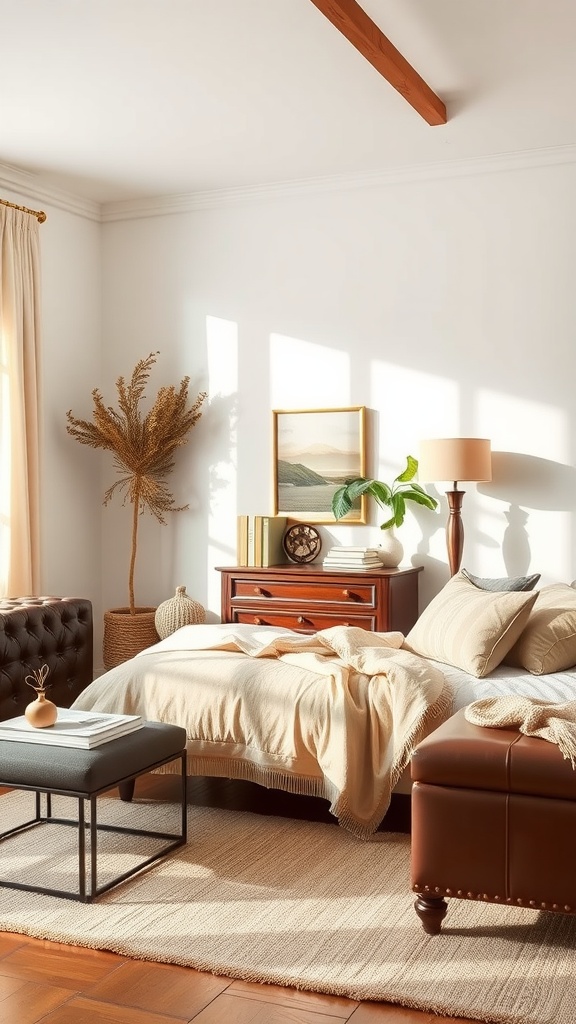 A cozy bedroom featuring brown leather furniture, beige textiles, and natural decor elements.