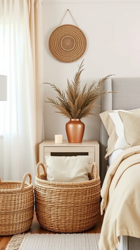 Brown woven baskets for storage in a beige and brown bedroom