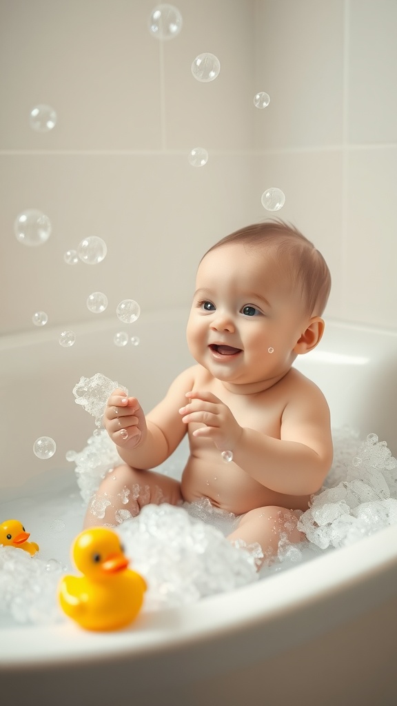 A joyful baby playing in a bubble bath with rubber ducks and floating bubbles.