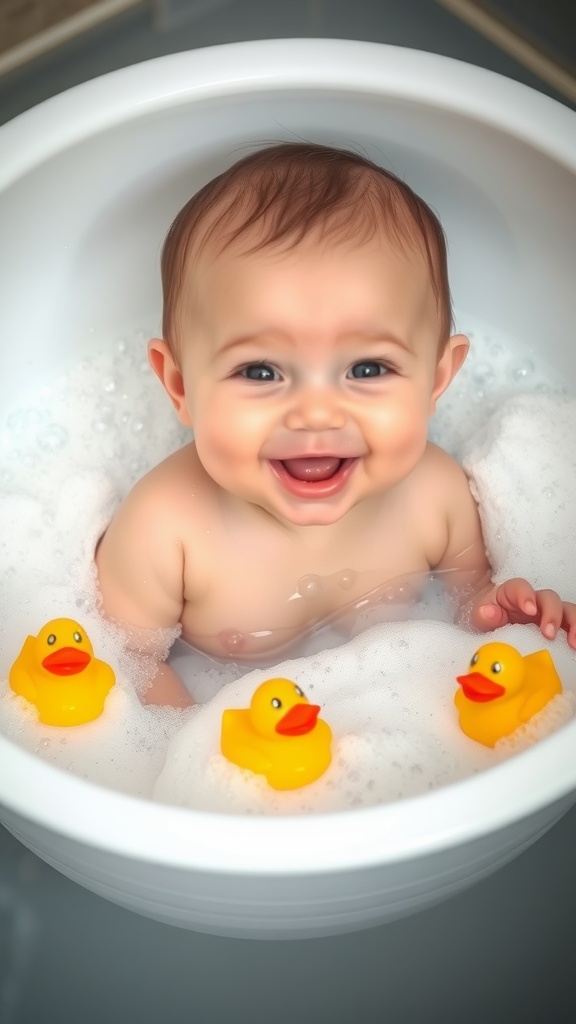 A baby enjoying a bubble bath with rubber ducks, smiling happily.