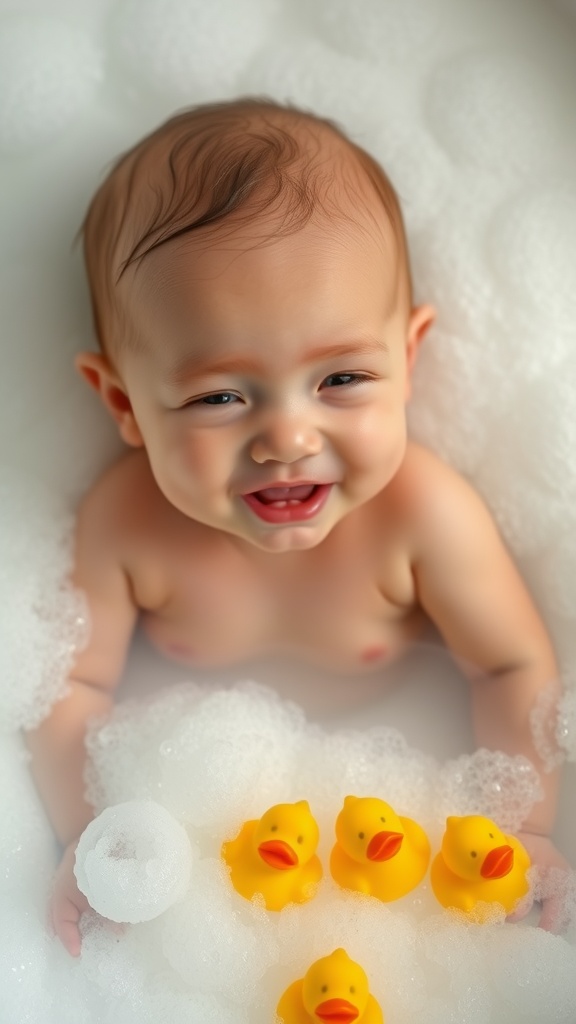 A happy baby enjoying a bubbly bath with yellow rubber ducks.