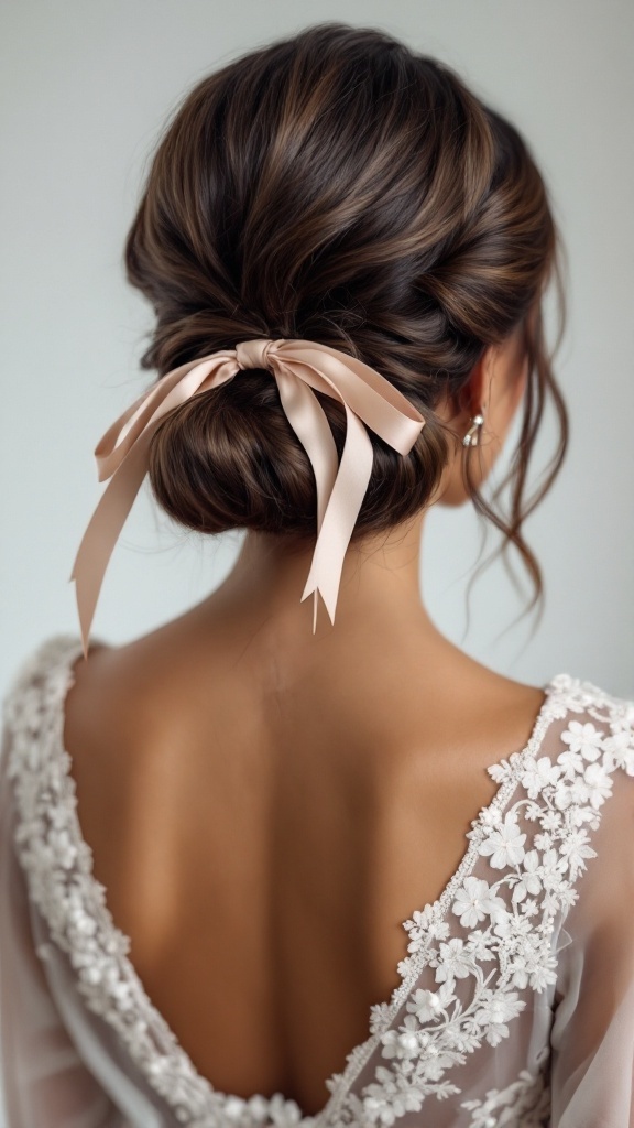 A woman with a bubble bob hairstyle adorned with ribbons, showcasing an elegant and romantic look.