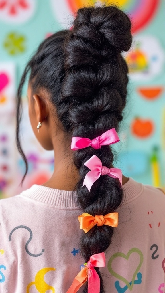 A playful bubble braid ponytail hairstyle with sections tied off, showcasing the unique bubbly style.