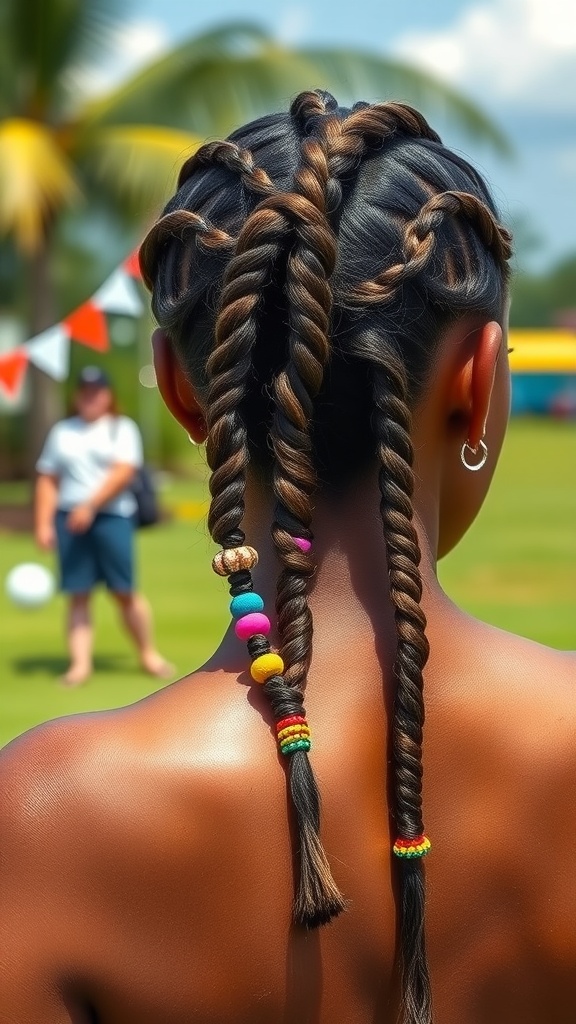 A close-up of a girl with bubble braids adorned with colorful beads.
