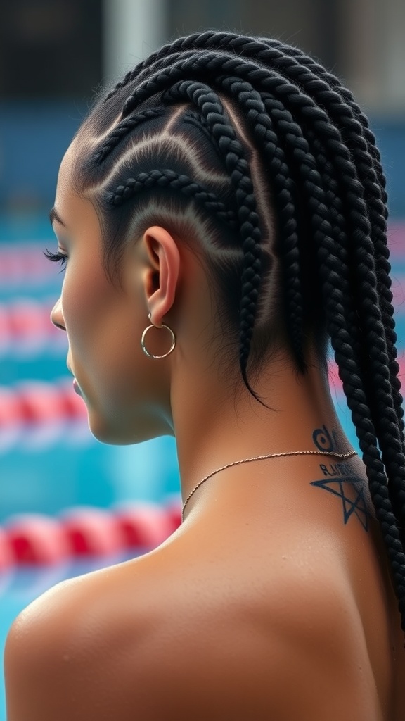 A person with bubble cornrows hairstyle, side view, ready for swimming