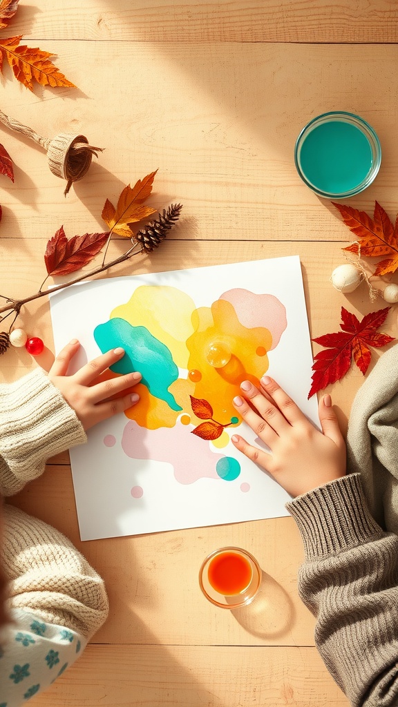 Two small hands creating bubble paint art with colorful splashes on paper, surrounded by autumn leaves and paint containers.