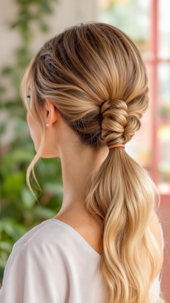 A woman with a stylish bubble ponytail hairstyle, featuring rounded sections of hair tied with elastic bands.