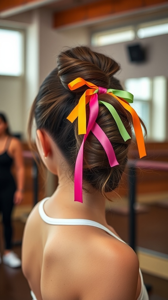 A rear view of a bubble ponytail hairstyle decorated with colorful ribbons, showcasing a playful and sporty look.