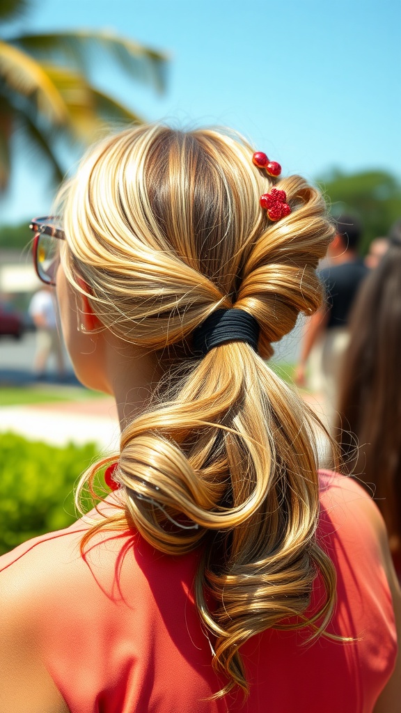A woman with a bubble ponytail styled with hair accessories, standing outdoors.