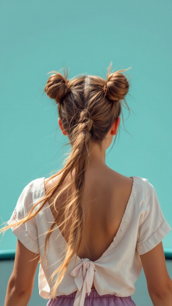 A girl with two bubble ponytails and a long braid, wearing a light-colored top.